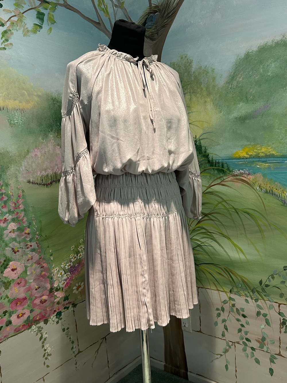 Pookie and Sebastian Aurelie Pleated Smocked Beige Mini Dress. Size XS